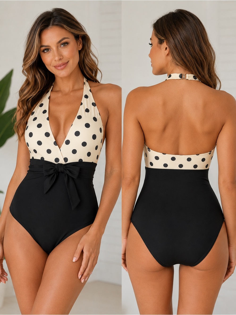 Polka Dot Halter One-Piece Swimsuit in Cream and Black